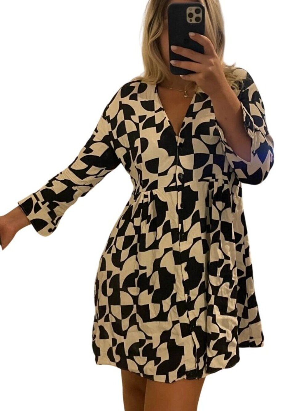 Zara Dress Size XS Black White Abstract Print V-Neck Button-Down 3/4 Sleeves - Picture 3 of 12